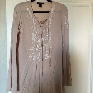 Forever 21 Tan Long Sleeve Dress with White Embroidery
